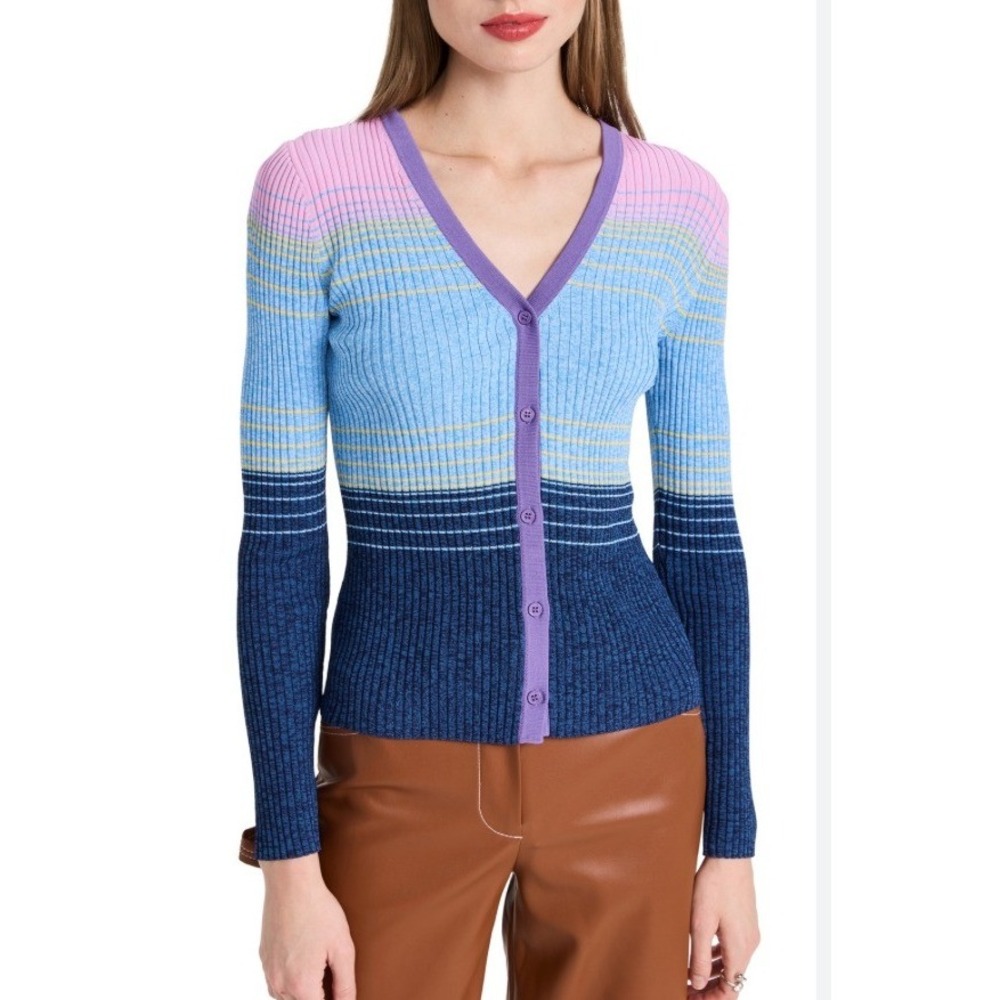 Staud‎ Womens Cargo Ribbed Colorblocked Cardigan Multi Pink Blue Striped Large